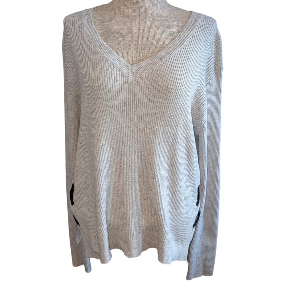 Womens Anthropologie John + Jenn Lace-up Side V-Neck Ribbed Sweater Light Gray L